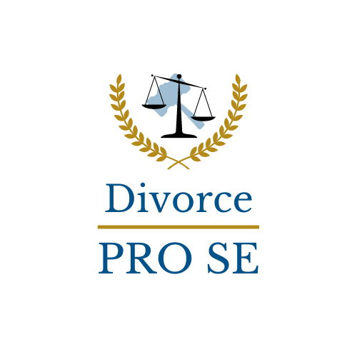 Text reads: Divorce Pro Se Image: Gold leaf design around black scales and a blue gavel.