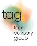 Text reads: TAG Teen Advisory Group Image: Abstract shapes in rainbow colors.