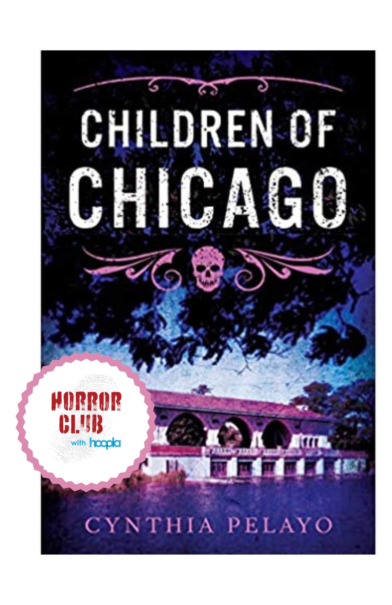 Boat house on a river with blue and purple tones. Text reads "Children of Chicago" and "Read it now on hoopla".