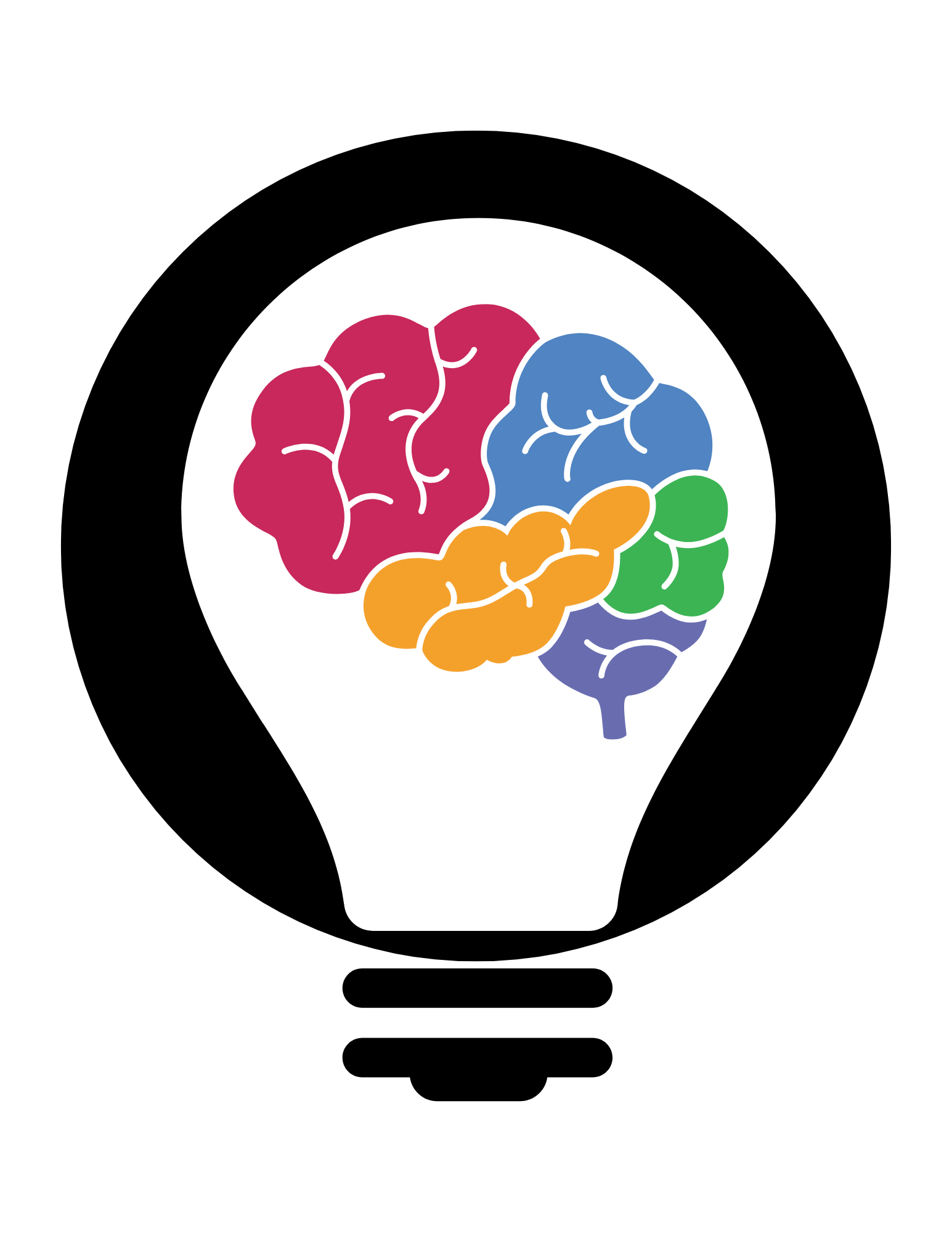 White lightbulb on a black circle with a multicolored brain in the center.