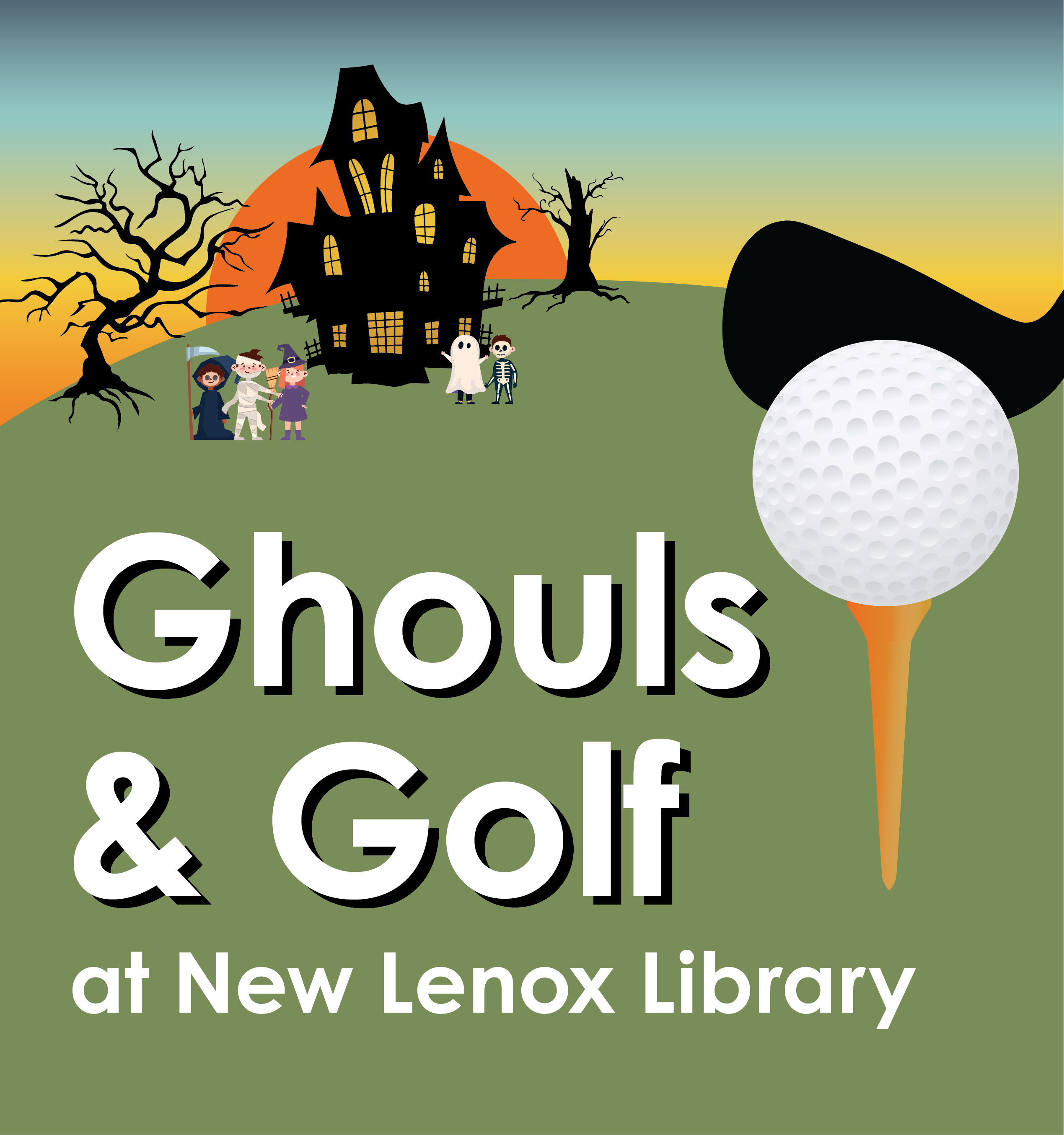 Graphic with golf club and ball in foreground, haunted house and kids in costume in background with sunset