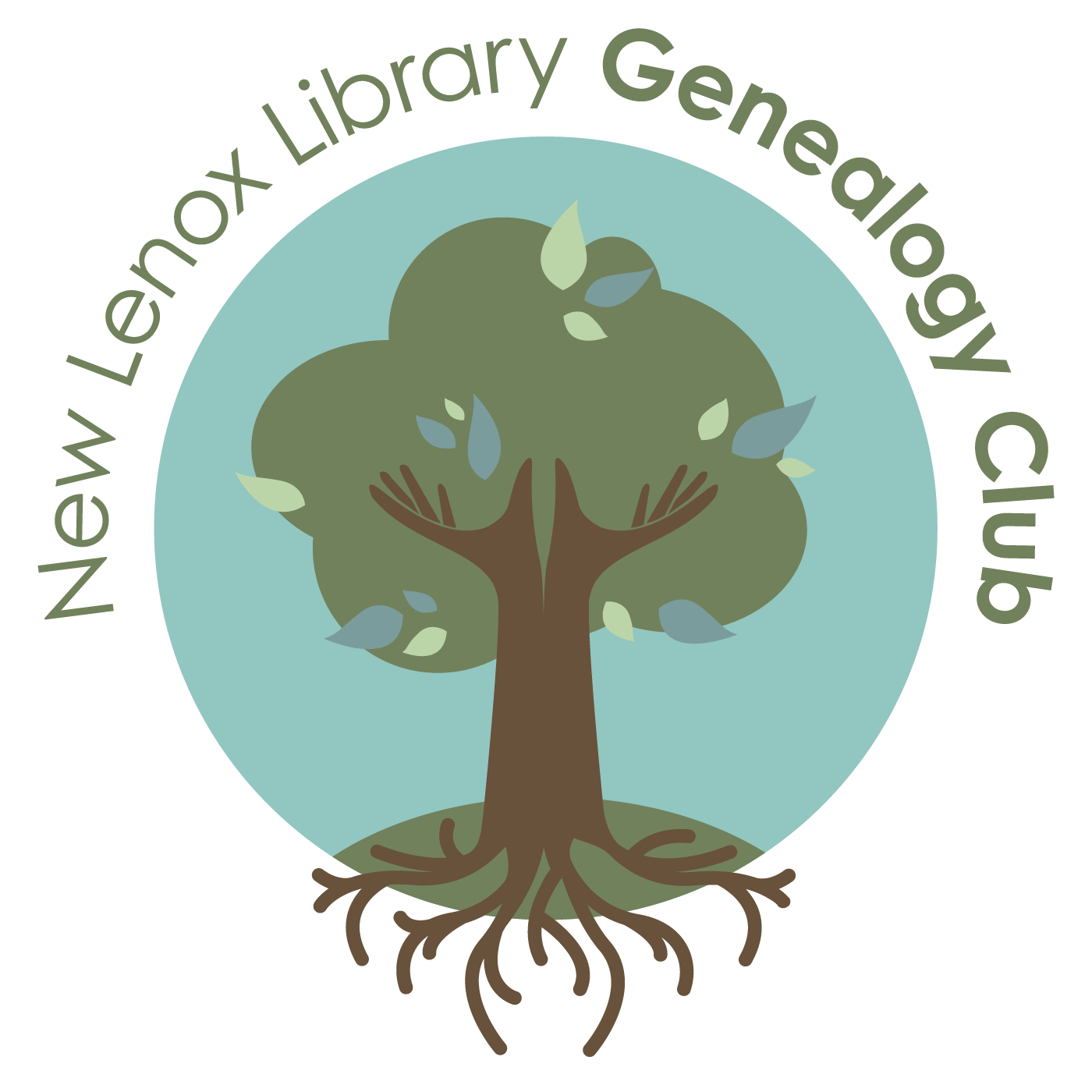 Green tree on a blue background with words "New Lenox Library Genealogy Club"