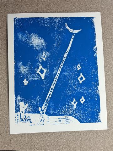 White stars and ladder to the moon on a blue background