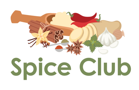 Green text reads "Spice Club". Illustration of a spoon with ground spices surrounded by whole spices including peppers, cinnamon, vanilla, basil, garlic, shallot, and star anise.