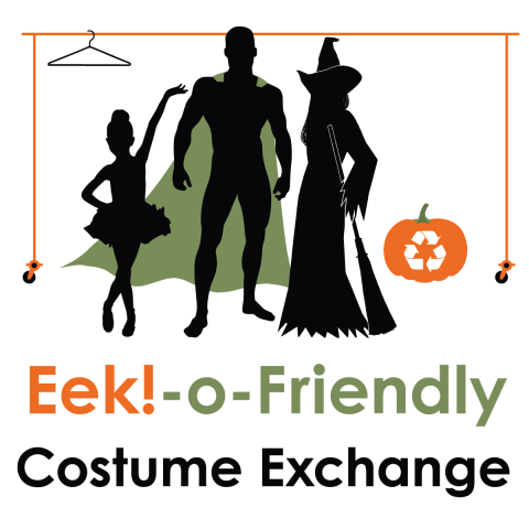 Eek!-o-Friendly Costume Exchange graphic with black silhouettes of a ballet dancer, superhero, and witch with an orange clothing rack