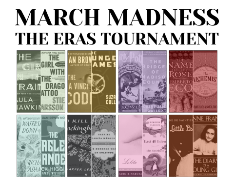 Text reads: March Madness The Eras Tournament. Beneath are book covers from the 16 competing books.