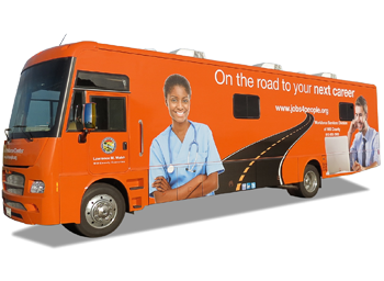 Orange truck with the text "On the road to your next career" and "www.jobs4people.org" printed along side the image of a doctor and a person on their phone and laptop.