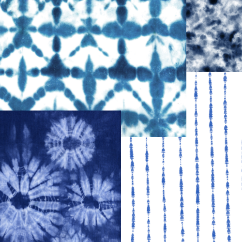 Various indigo shibori pattern technique examples including triangle Itajime, circular Kumo, splotchy Kanoko, and lined Nui designs.