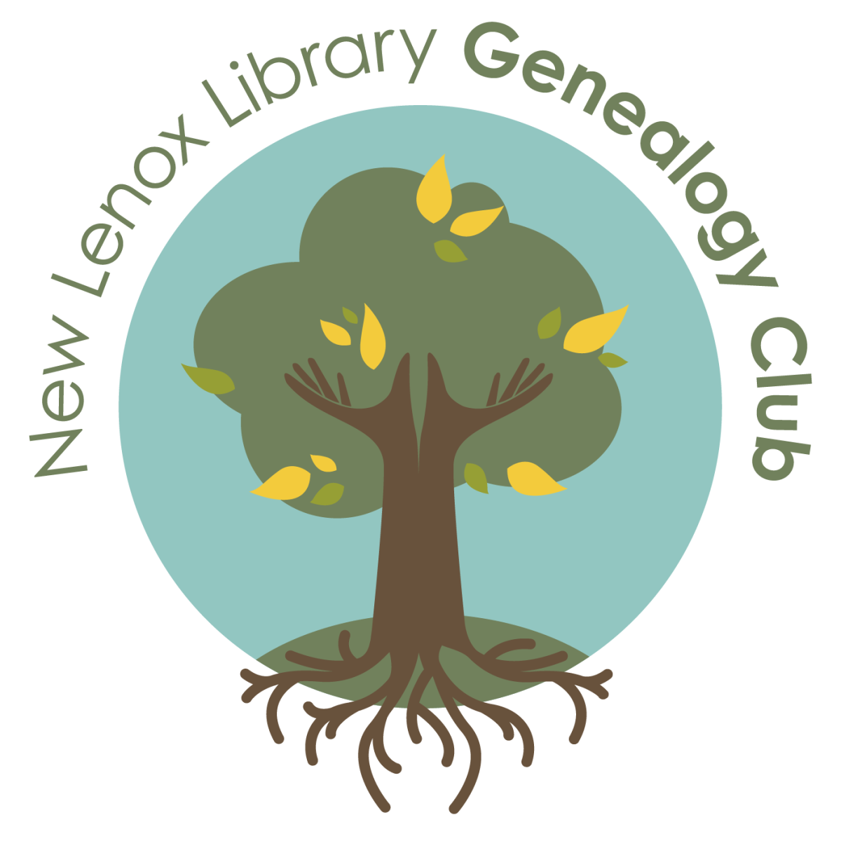 Green tree on a blue background with words "New Lenox Library Genealogy Club"